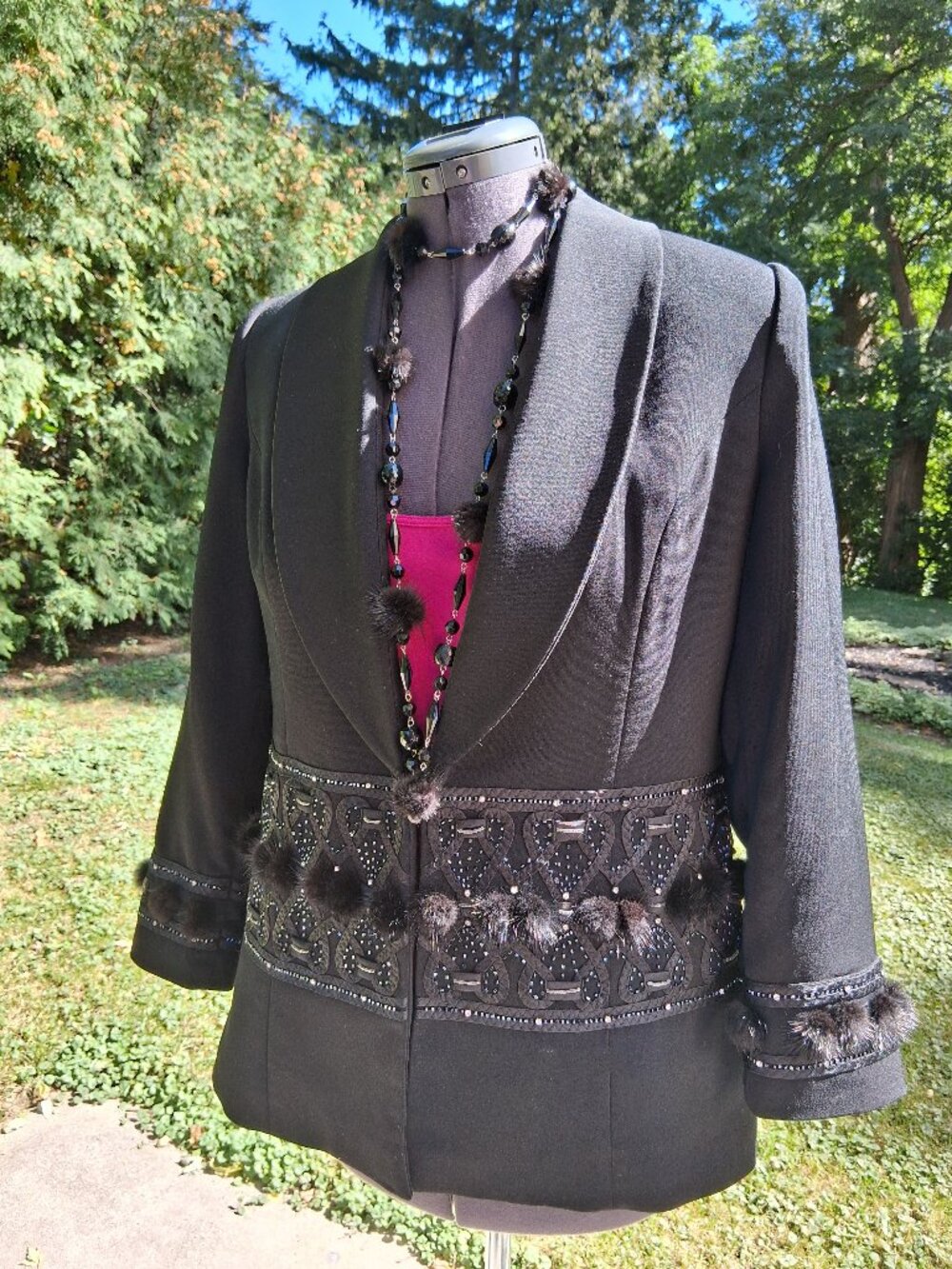 Black Beaded Faux Fur Pom Pom Jacket with Faux Fur pom pom Necklace Size 12